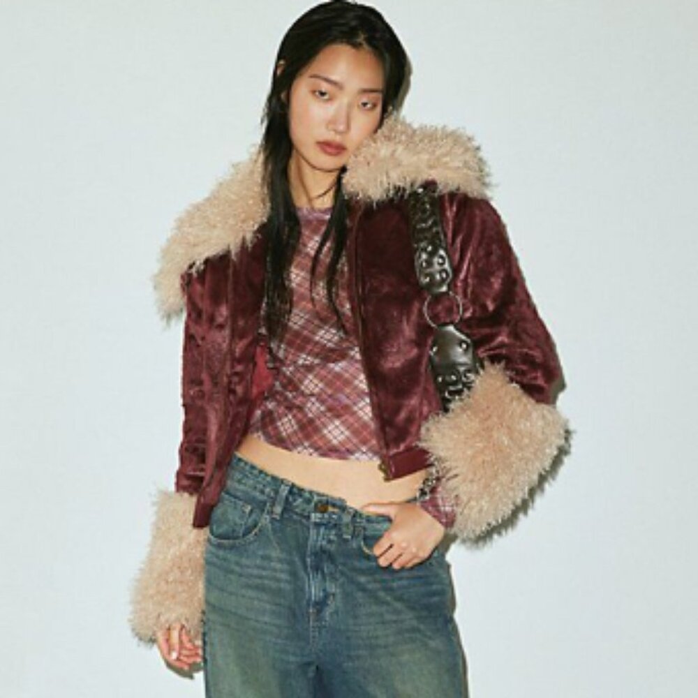 Silence + Noise Pony Faux Fur Cropped Jacket in Dark Red